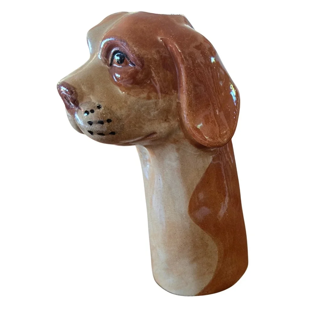 Kitschy Ceramic Hound Dog Bud Vase Hand Painted Glossy Glaze Brown Tan 7 Inch
